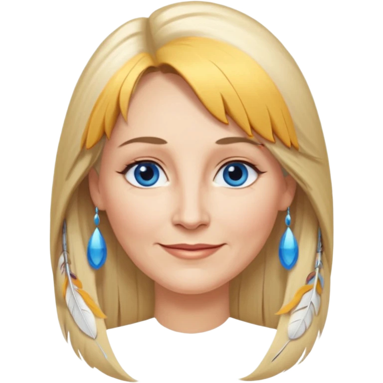 50 yr old white woman, feather bangs, very long straight blond hair, oval face, small smile, blue eyes, thin face, hair downback, hair parted at center of head, round cheeks, pale, longer hair emoji