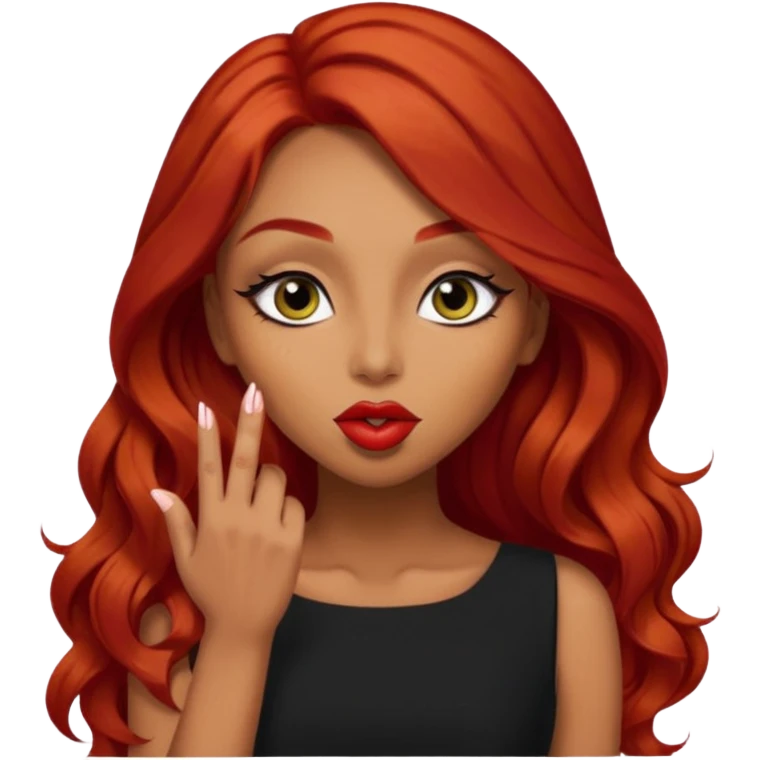  woman with long red hair and dark eyeliner make up and olive skin sending a kiss in black dress emoji
