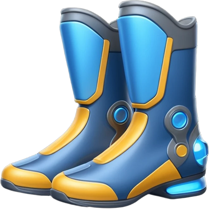Flat futuristic emoji of sleek jet boots with soft glow thrusters, rounded shapes, minimal shading, white background emoji