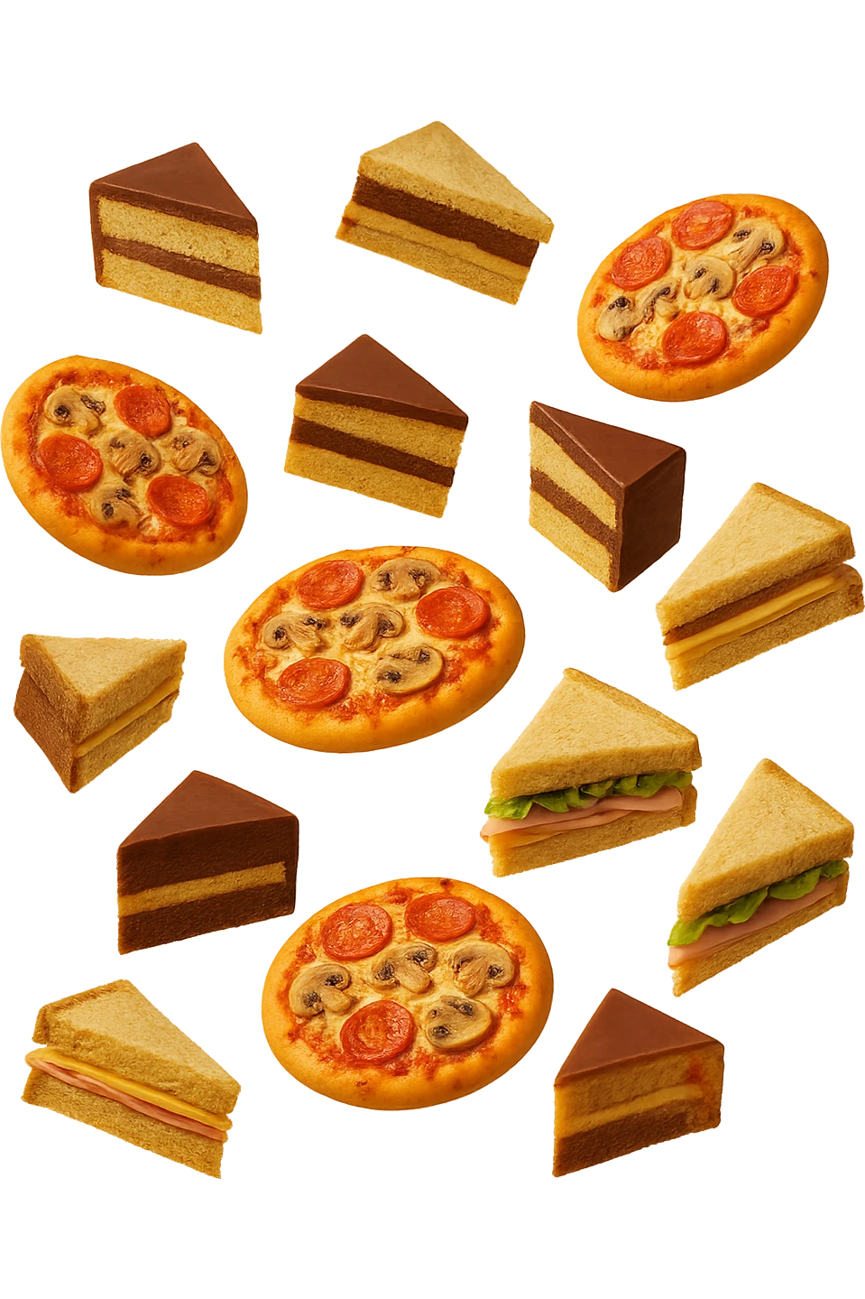 pizzette, fette di torta e panini, fluttuano in aria in 3d, sfondo bianco emoji