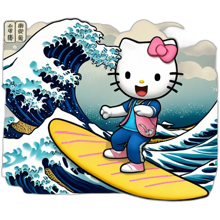 Hello kitty surfing The Great Wave off Kanagawa emoji