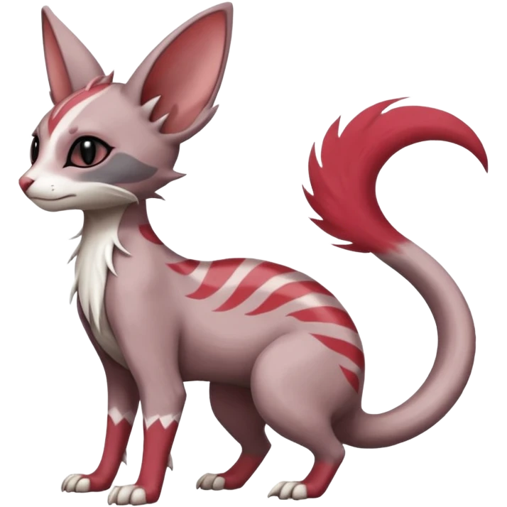 Minccino-Lykoi-Emolga-Sphynx-Linoone-Zangoose-fusion-hybrid-animal-Fakémon-creature, full body, thin long sleek scaly tail, intricate markings emoji