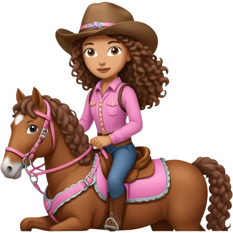 Realistic mixed race girl with long curly hair, riding a big draft horse, wearing pink harness and saddle  emoji