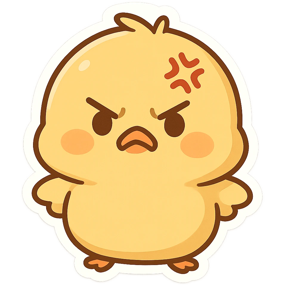 cute angry chibi chick, round body, yellow, anger symbol on head, adorable chibi style emoji