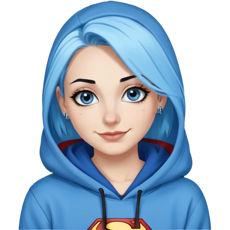 Smiling-30-year-old-adult-long-straight-dark-blue-and-light-blue-hair-blue-eyes-thick-black-eyeliner-really-thick-really-long-eye-lashes-sky-blue-superman-no-ears-hoodie-sweatshirt-nose-piercing-lip-piercing emoji