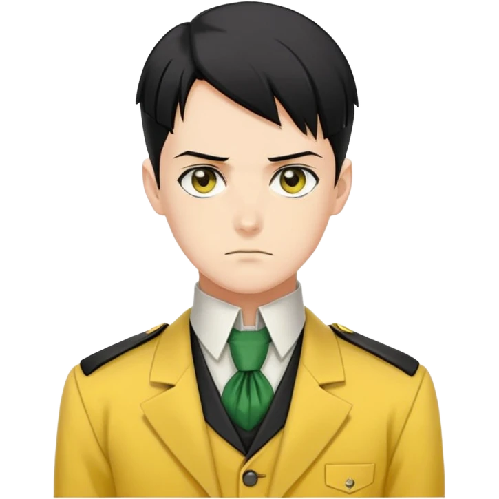 Levi Ackerman with black undercut hair, stern expression, wearing yellow uniform instead of green, with white cravat emoji