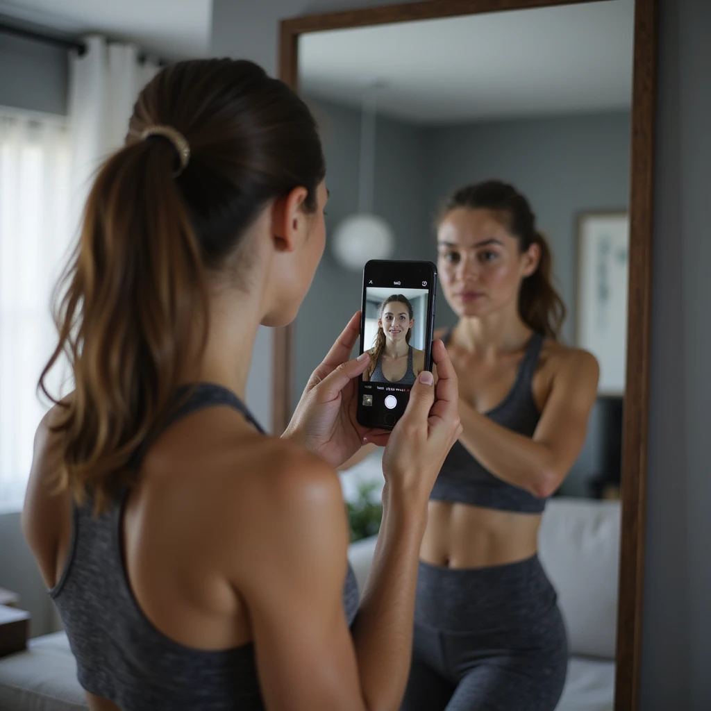 woman in gym clothes, back pose in front of mirror, holding smartphone in front, recording video check for coach, modern home environment, hyperrealistic details, 4K emoji