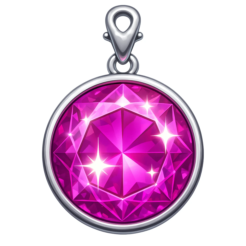 Add a pink hue and extra sparkle to the purple sugilite holographic gem charm with silver metal frame, keep emoji style, no gemstone accents emoji