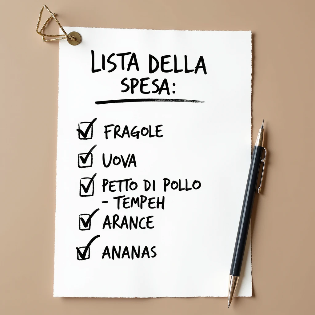 top view of a sheet of paper with a handwritten shopping list in pen: 'LISTA DELLA SPESA: - FRAGOLE - UOVA - PETTO DI POLLO - Tempeh - ARANCE - ANANAS', with check marks on the items already purchased, hyperrealistic 4K, no background emoji