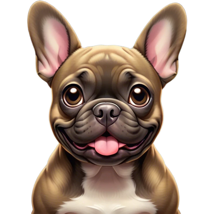 Cinematic Comical Brindle French Bulldog Portrait Emoji, Head tilted dramatically with an exaggeratedly amused expression, featuring a striking brindle coat with bold fawn highlights, wide, expressive dark eyes filled with playful disbelief, Simplified yet hilariously expressive features, highly detailed, glowing with a slightly sassy glow, high shine, dramatic yet playful, stylized with an air of cheeky mischief, bright and endearing, soft glowing outline, capturing the essence of a spirited and over-the-top companion, so meme-worthy it feels like it could side-eye its way into internet fame instantly! emoji