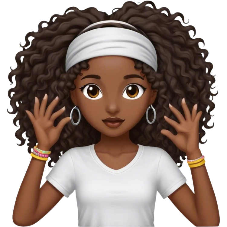 Dancing dark brown girl with long darn brown curly hair with headband hip hop emoji