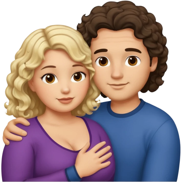 flirty couple hugging. The man dark brown brushed hair. The woman is chubby and has shoulder-length blond curls emoji