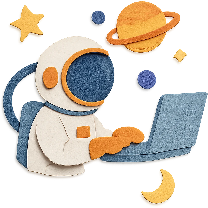 paper craft style astronaut using a computer, outer space scene emoji