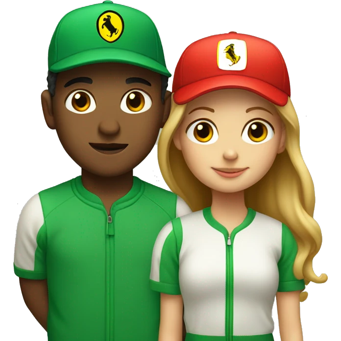 Boy in green baseball cap and girl in Ferrari jumper emoji