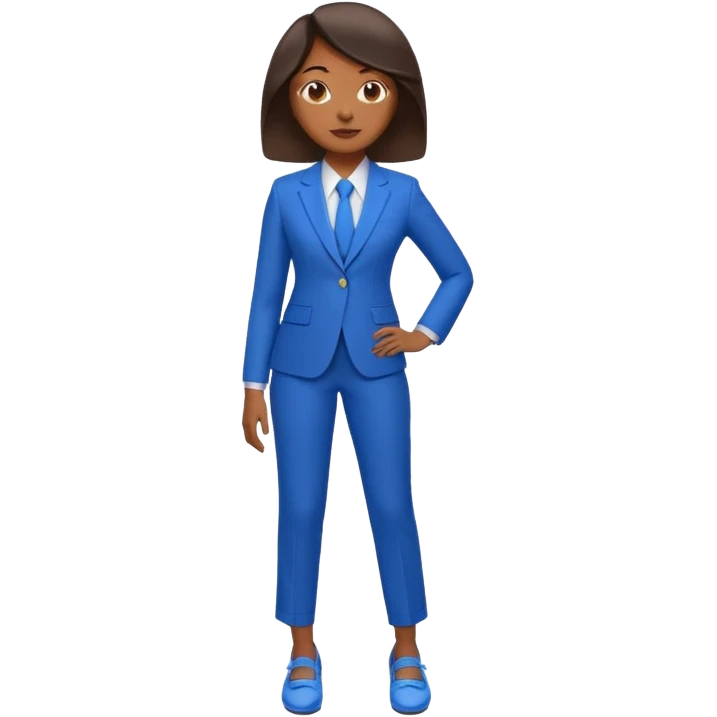 black woman in a blue smart suit and shoes, standing with hands by her side, confident expression, emoji style emoji