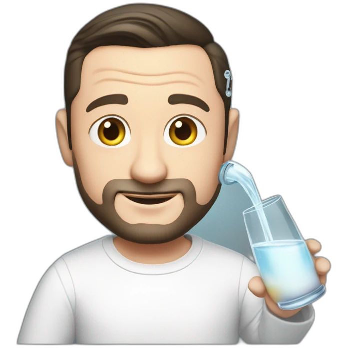 tim robinson dark black slicked back hair, wearing a white long sleeve t-shirt while pouring water from glass onto a steak emoji