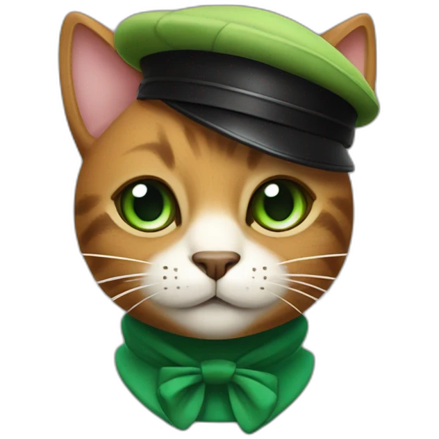 Brown cat with black stripes and white mustache and the contour of the white mouth and green eyes with a brush pencil and a black beret and a color palette emoji