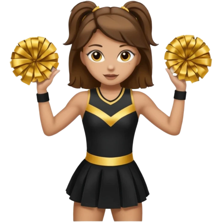 Cheerleader with golden skin tone skin, brown eyes, brown hair and full dress outfit black and gold emoji