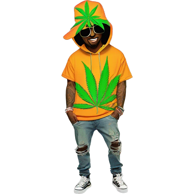 Hemp leaves Multicoloured neon person smoking wearing hoodie dancing hip hop bucket hat tropical Skater fashion aesthetic baggy clothes graphic t shirt 420 emoji