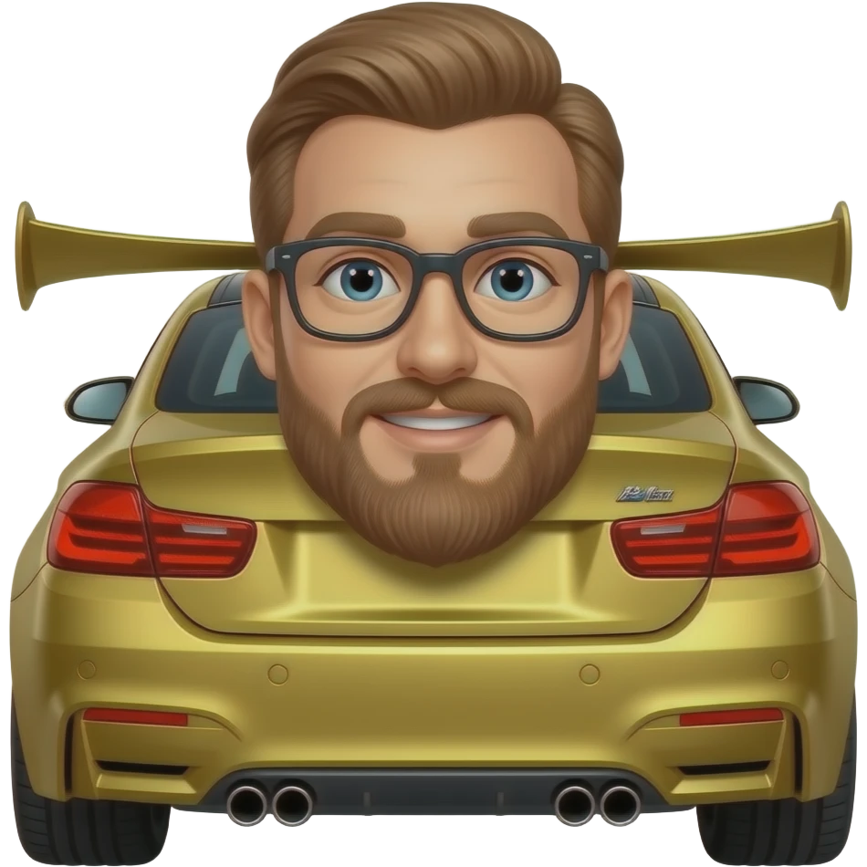 ginger man with glasses, beard with a gold BMW that has a car wing on the back emoji