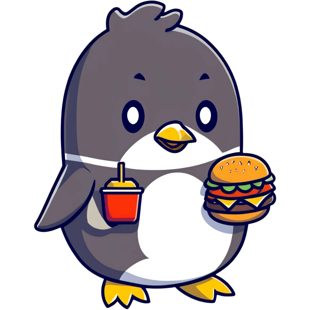 penguin eating a large hamburger emoji