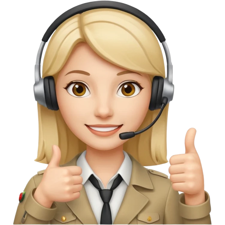 female phone support agent with headset, thumbs up emoji