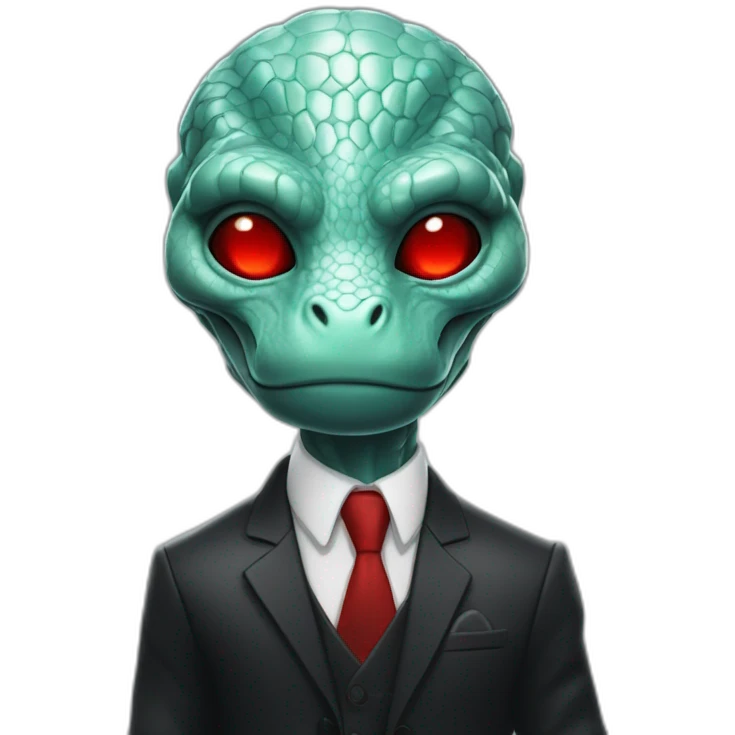 Aquamarine reptilian in classic black suite with red laser eyes on the middle of platinum coin emoji