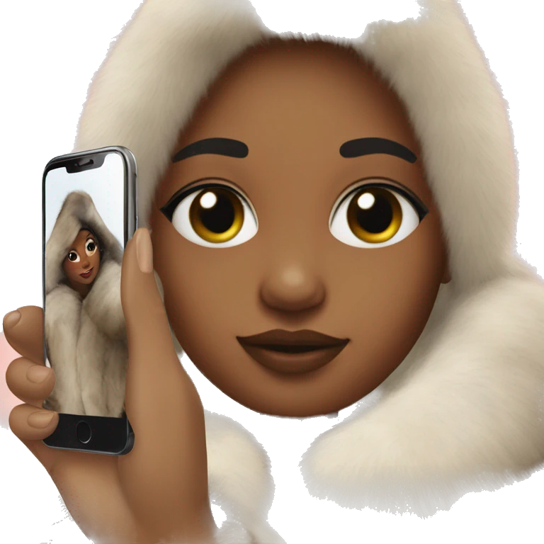 A girl in a fur coat takes a selfie on an iPhone emoji
