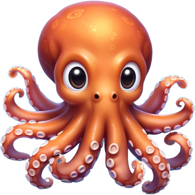 Cinematic Cute Octopus Portrait Emoji, Head tilted playfully and inquisitively, featuring a charming, rounded body with soft, shimmering skin and eight expressive, gently curling arms with playful suckers, with round, sparkling eyes full of wonder, Simplified yet irresistibly adorable features, highly detailed, glowing with a warm, inviting underwater glow, high shine, affectionate and lively, stylized with a touch of whimsical marine charm, soft glowing outline, capturing the essence of a mischievous yet loving octopus that seems as if it could float out of the screen into your arms! emoji