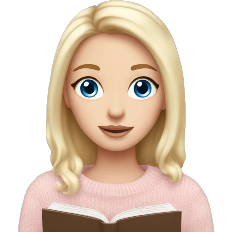 Pretty blue eyed white girl with light pink sweater reading cozy emoji