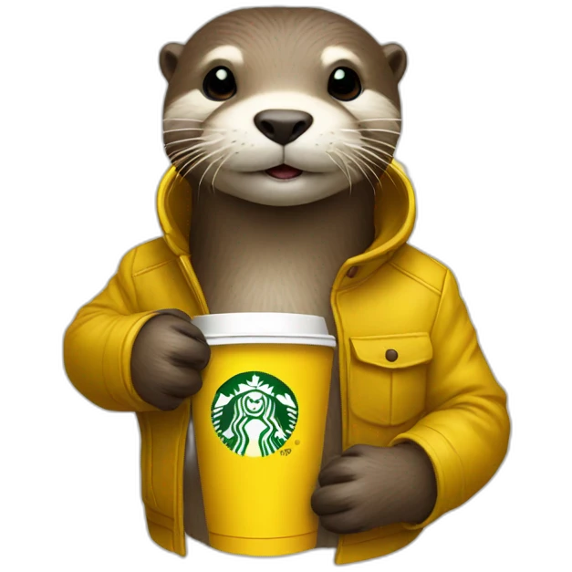 Otter with yellow coat drinking starbucks emoji