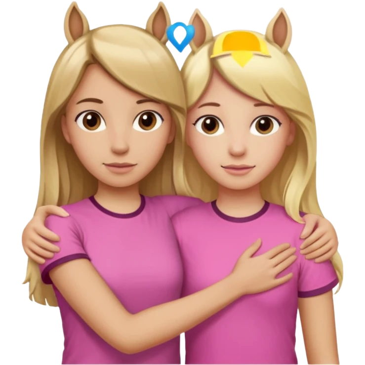 Two Girls with their arms around each other at summer camp one blonde one brown hair brown hair wearing pink horse shirt no horse ears emoji