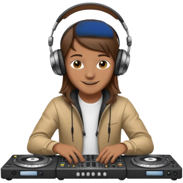 White dj mixing with dj booth, headphone on head, no cap, not bald, brown hair  emoji