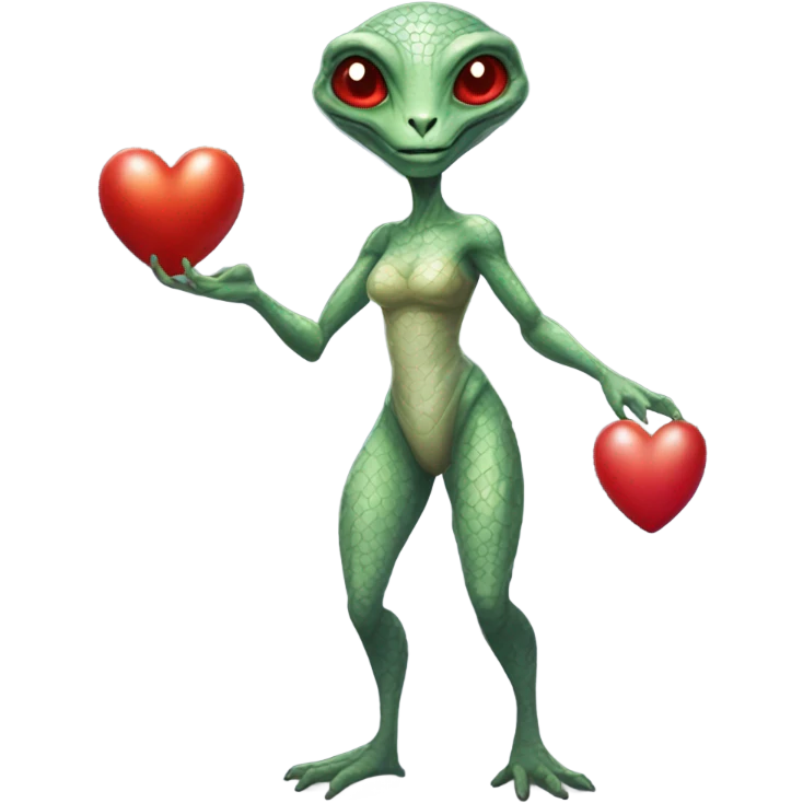 a Reptilian alien woman full body, holding big red heart emoji