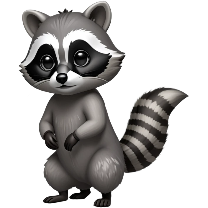 Cinematic-cute Raccoon-Realistic-hunched Full-Body on all fours-Emoji – Tail flicking lazily, head tilted dramatically, thick grey fur with a signature black mask, sharp and alert ears, simplified yet realistic focused features, highly detailed, glowing with an almost sarcastic glow. big black eyes emoji