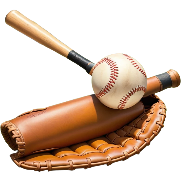 A baseball bat, ball, and glove resting on the ground, set against the backdrop of a baseball field. The scene captures the iconic equipment of the sport, with the field in the distance and a bright sky above, evoking the spirit of the game. emoji