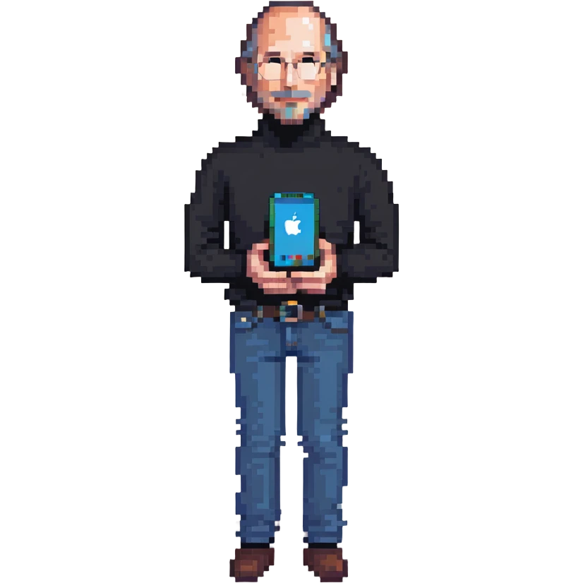 Steve Jobs holding an iPhone, black turtleneck, blue jeans, minimalist style, pixel art emoji