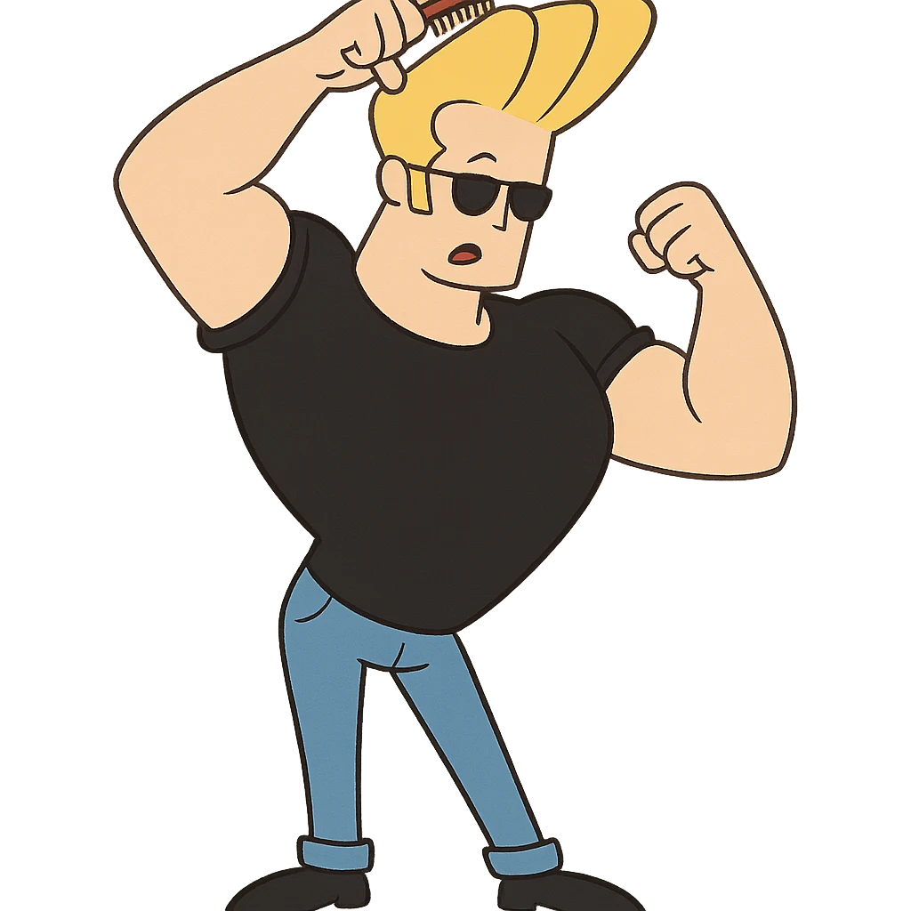 johnny bravo cartoon character, combing his blonde hair, wearing blue jeans and black shoes, cartoon style emoji