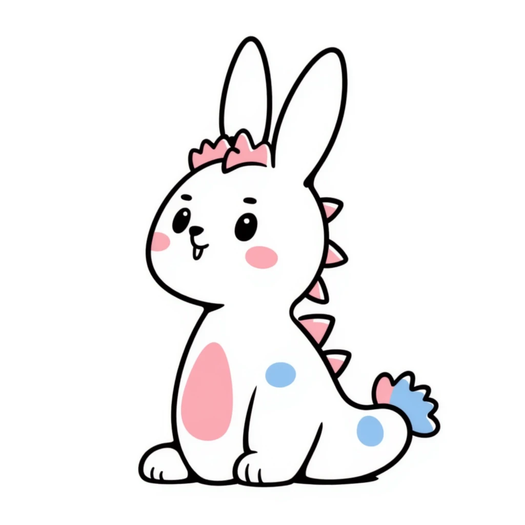 Kawaii bunny plant dragon in Sanrio style, like Hello Kitty and My Melody, tiny spikes, extremely cute, simple clean design, large head, minimal facial features, big round eyes, blushing cheeks, pastel colors with pinks and blues, clean bold outlines, small mouth, adorable expression, rounded shapes emoji