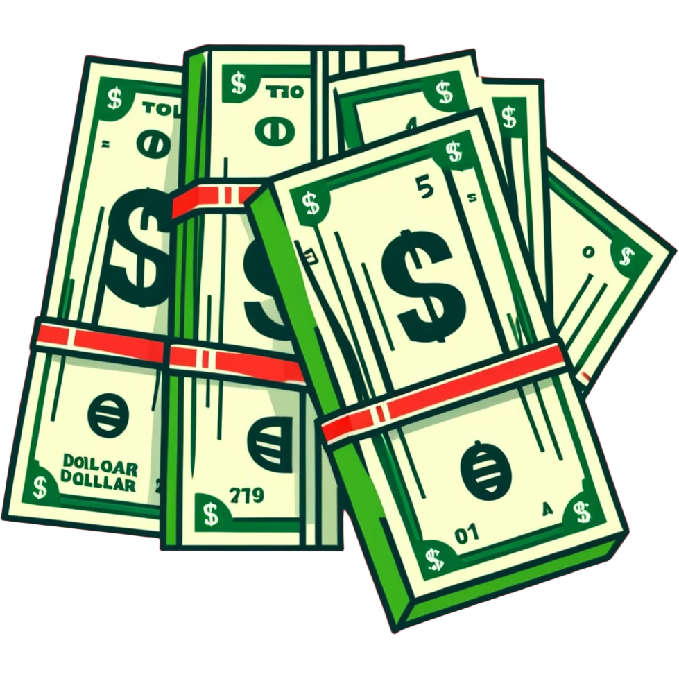 green upward arrow next to progressively taller stacks of dollar bill packs wrapped with bands emoji