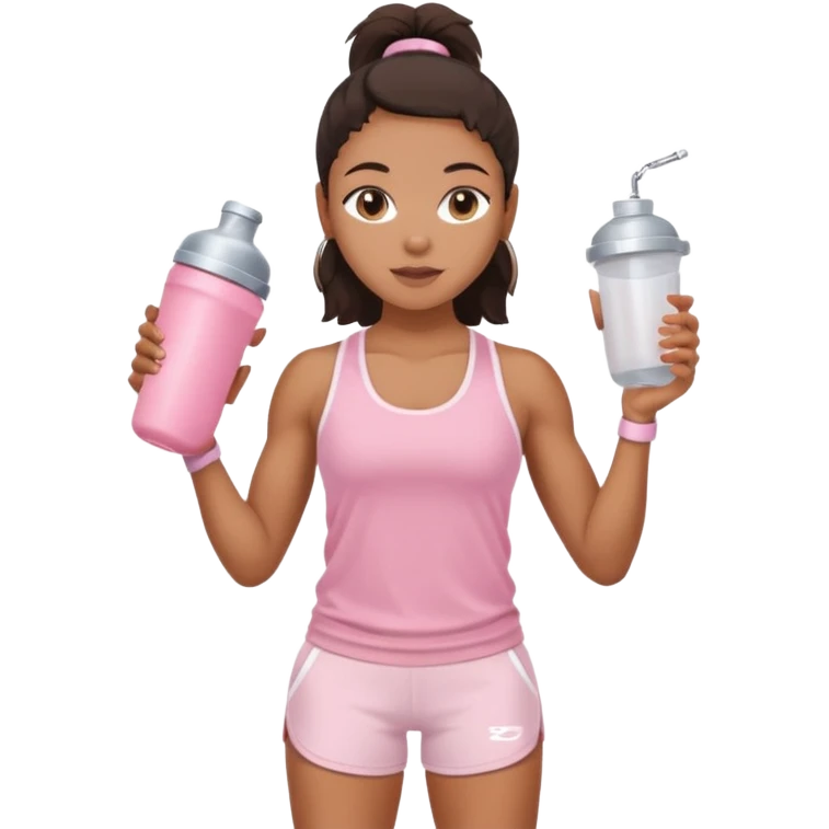 Mixed-race athletic woman with bronzed skin, wearing baby pink tank top and white shorts, holding a protein shaker emoji
