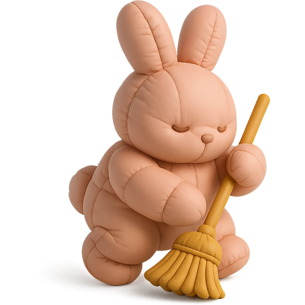 rosy bunny sweeping floor with broom, cushion style emoji