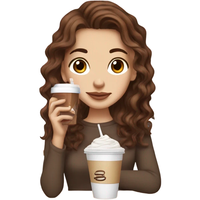 aesthetic white girl with brown wavy hair and brown eyes sipping an iced americano in a cute coffee shop  emoji