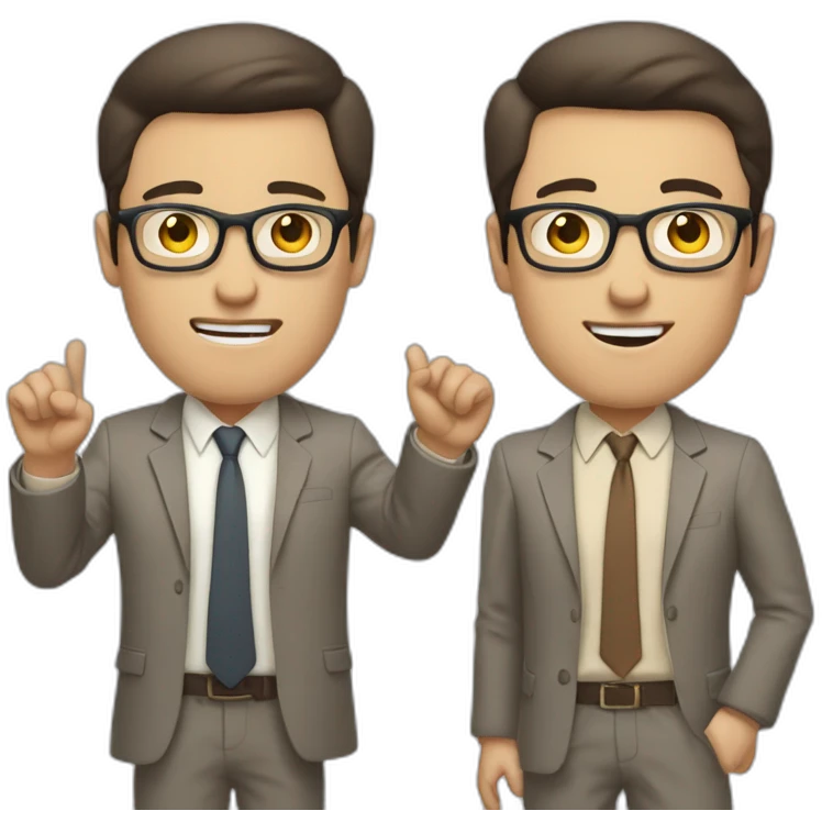 Full height Actively gesturing with hands Pale skinned fit man with dark brown hair in gray jacket, beige office shirt, brown tie, brown pants and vintage glasses. emoji