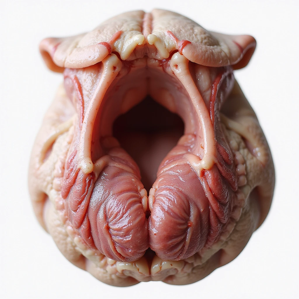 Pig thyroid gland, anatomical view, isolated on white background, hyperrealistic 4K, bottom view, clear anatomical details emoji