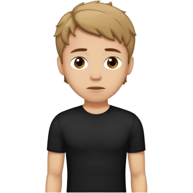 A Man with a sorry expression. He has short wavy light-brown hair and wearing a black t-shirt, and a visible bulge on the groin area molding his testicles. emoji