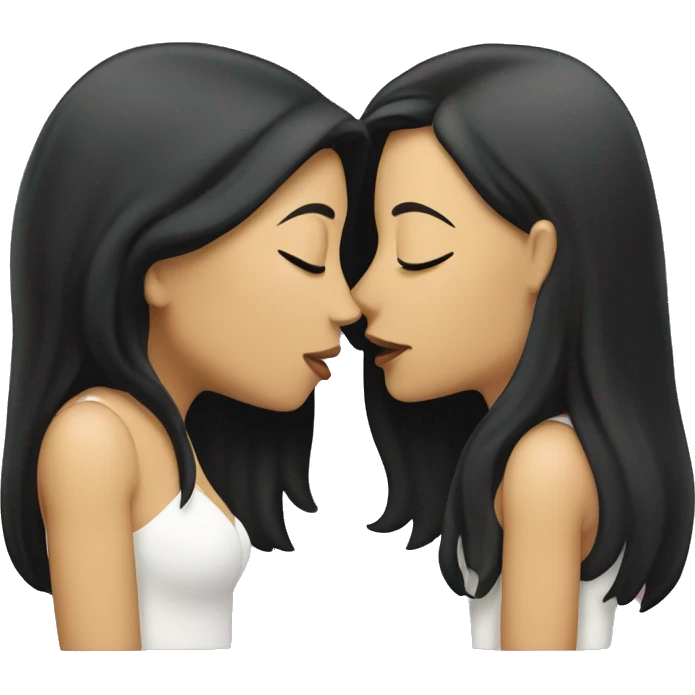 Lesbian women kiss. They have long black hair and white skin color. emoji