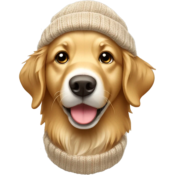 Golden retriever wearing brown and white knitted hat emoji