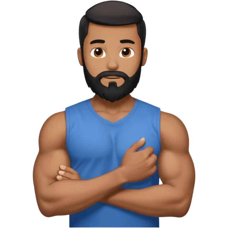 generate an ios genmoji of a 20 year old tan boy with long long long black beard that reaches his chest. Big biceps. wearing a blue shirt that fits his arms emoji