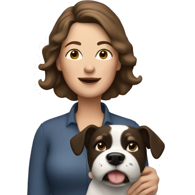 middle aged woman with brown hair with black and white dog emoji